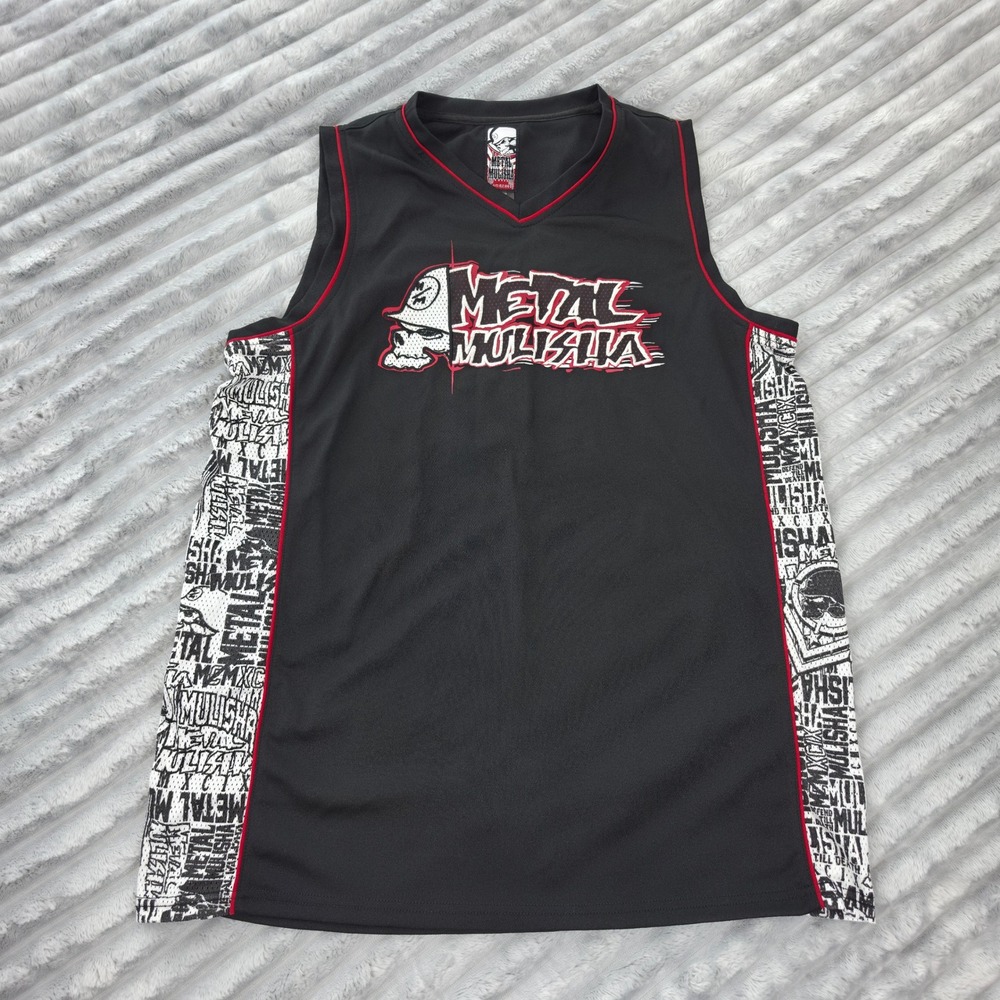Metal Mulisha Mens XL Sleeveless Jersey Black Red Skull Graphic Mesh Tank Y2K